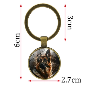 German Shepherd glass gem keychain in bronze metal with detailed size specifications