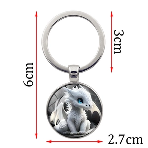 White dragon time gem keychain with metal ring pendant and cute illustration charm