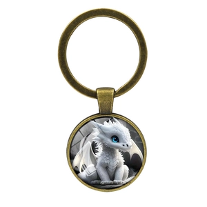 Charming white dragon glass gem keychain with vintage bronze metal ring and pendant
