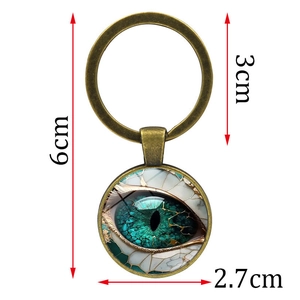 Mystic green eye glass cabochon keychain with bronze metal ring and 6cm total length