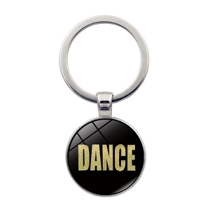 Elegante portachiavi Dance con ciondolo tondo nero e scritte dorate glitterate