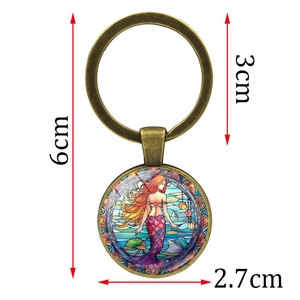 Mermaid illustration keychain with bronze alloy ring and 2.7cm round glass pendant