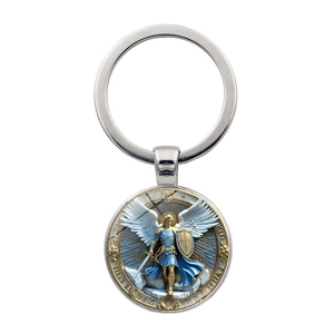 Archangel Michael Religious Shield Sword Keychain Alloy Glass Pendant Vintage Saint Michael Protection Key Ring Gift Jewelry