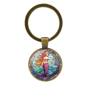 Vintage bronze mermaid keychain with colorful stained glass style illustration pendant