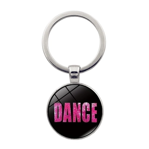 Portachiavi moda DANCE in metallo argento con scritte glitter rosa su sfondo nero