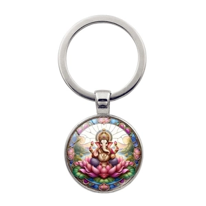 Vintage Ganesha Hindu God Keychain Zinc Alloy Glass Pendant Religious Lotus Pattern Ethnic Bag Ornament Car Key Ring Gift