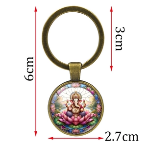 Antique bronze Ganesha keychain with colorful lotus deity glass pendant 6cm length