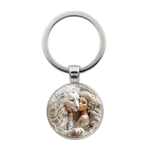 Porte-clés Artistique Lion et Femme Gemme du Temps Vintage Alliage de Zinc Verre Cabochon Illustration Fantaisie Décor