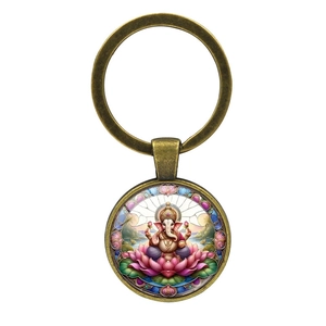 Vintage bronze Ganesha keychain with glass pendant featuring deity on pink lotus flower