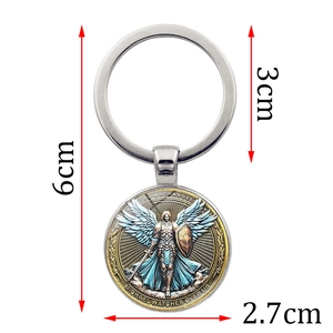 Archangel Michael time gem pendant keychain with vintage metal ring for car keys or bags