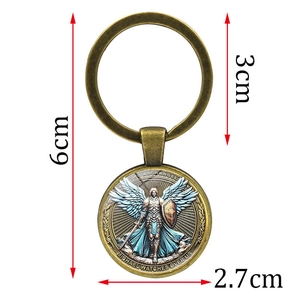 Archangel Michael time gem pendant keychain in antique bronze finish with a blue dome art
