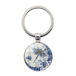 Elegant silver dragonfly keychain with blue floral pattern and polished metal ring