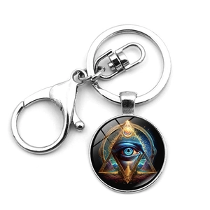 All-seeing eye mystical keychain with silver metal lobster clasp and glass cabochon