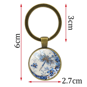 Vintage bronze dragonfly keychain with blue floral porcelain pattern pendant for handbags