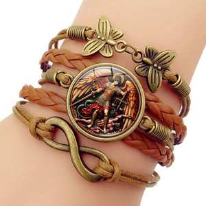 Bracelet Tissé Archange Michel Vintage Simili Cuir Alliage Verre Infini Papillon Bijoux Religieux Cadeau Unisexe