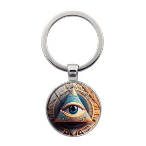 Détail du porte-clés Œil d'Horus avec œil bleu et motif géométrique sophistiqué