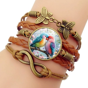 Bracelet Vintage En Cuir Artificiel Tressé Multicouche Pour Femme Infini Papillon Perruches Colorées Perroquet Gemme Du Temps