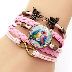 Bracelet tressé rose multicouche avec gemme oiseaux et breloques infini vintage papillon