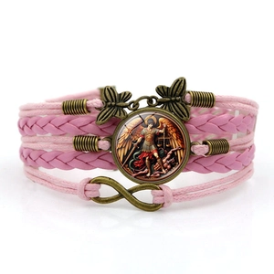 Bracelet en cuir tressé Archange Michel avec breloques infini rose et papillon vintage