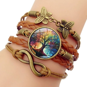 Bracelet Bohème Multicouche en Similicuir pour Femme Rétro Arbre de Vie Verre Cabochon Infini Papillon Bracelet Bijoux