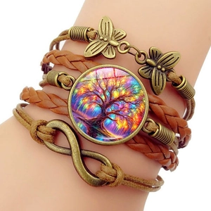 Bracelet en Cuir Synthétique Motif Arbre de Vie Rétro pour Femmes Infini Papillon Multicouche Tissé Bijoux Fait à la Main Ornement