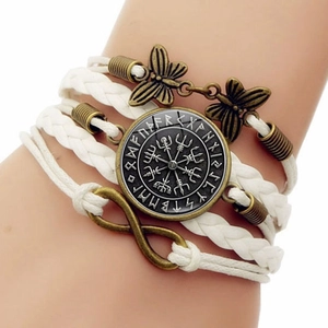 Vintage multi-layer woven leather bracelet with Viking compass and infinity charm