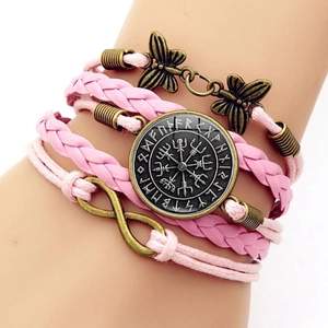 Pink multi-layer braided bracelet with vintage bronze Viking Vegvisir and butterfly charms