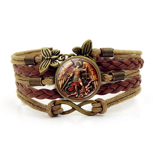 Bracelet cuir tressé Saint Michel Archange avec symbole infini et papillons en bronze