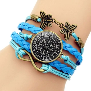 Vintage multi-layer braided bracelet with blue ropes, infinity symbol and Viking compass