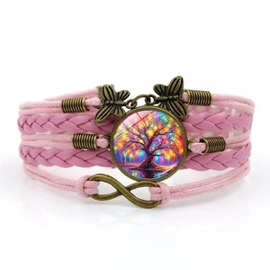 Bracelet multicouche en cuir arbre de vie avec symbole infini et charms papillon