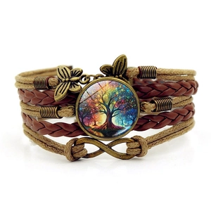 Bracelet multicouche en cuir arbre de vie avec symbole infini et breloque papillon
