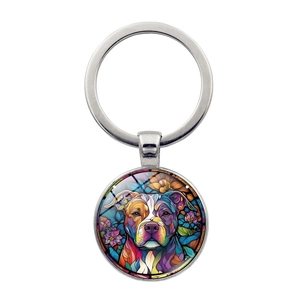 Cute Dog Portrait Keychain Mosaic Art Pitbull Floral Metal Key Ring Antique Bronze Silver Zinc Alloy Glass Cabochon Pendant Dog Lover Gift