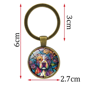 Vintage bronze dog keychain with colorful pop art bulldog pattern and size measurements