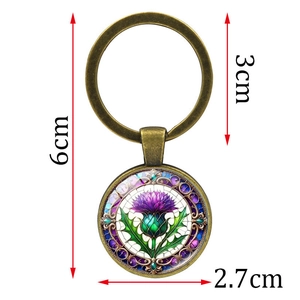 Retro bronze thistle flower keychain with 2.7cm glass pendant and 3cm metal ring