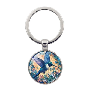 Vintage Hummingbird Glass Cabochon Keychain Retro Zinc Alloy Floral Art Pendant Key Ring Art Jewelry Bag Charm Gift