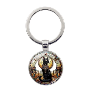 Ancient Egypt Black Cat Goddess Bastet Keychain Zinc Alloy Glass Time Gem Vintage Key Ring Pendant Gift For Men Women