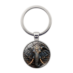 Vintage Ethnic Elephant Pattern Metal Keychain Round Glass Cabochon Pendant Zinc Alloy Key Ring For Bag Car Key Jewelry