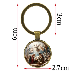 Vintage bronze Nativity religious keychain with angel and Jesus glass pendant