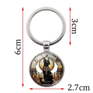 Ancient Egyptian Bastet black cat glass gem keychain pendant in silver alloy finish