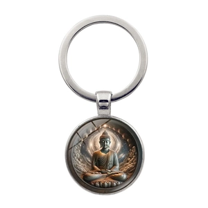 Buddha Meditation Art Glass Cabochon Keychain Pendant Zinc Alloy Keyring Spiritual Religious Bag Accessory For Men Women Gift