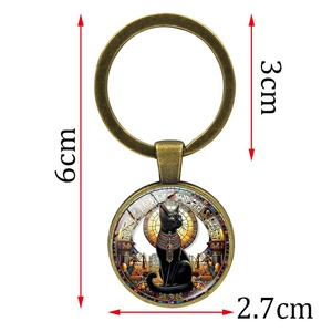 Ancient Egyptian black cat glass cabochon keychain in vintage bronze finish, 6cm length