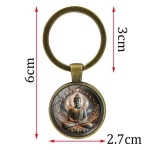 Antique bronze Buddha meditation time gem keychain pendant with round glass cabochon