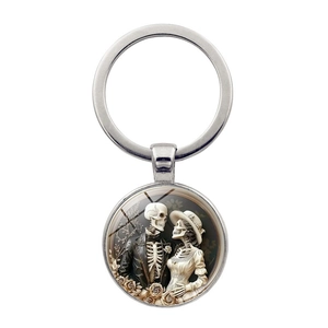 Vintage Gothic Skull Couple Time Gem Keychain Zinc Alloy Glass Cabochon Key Ring Romantic Bride Groom Bag Pendant