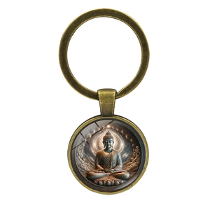 Vintage bronze keychain with Buddha meditation glass dome pendant for bags and keys