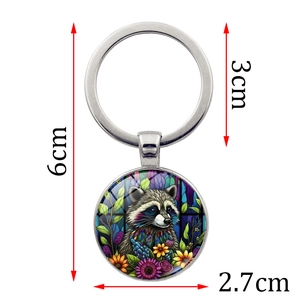 Antique raccoon sunflower glass pendant keychain with silver metal ring 6cm length