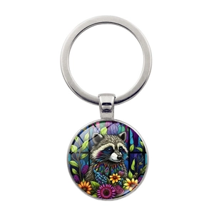 Vintage Zinc Alloy Raccoon Tree Of Life Time Gem Keychain Round Glass Cabochon Artistic Metal Key Ring For Women Men Daily