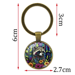 Antique raccoon and sunflower glass gem keychain with dimensions 6cm x 3cm metal ring