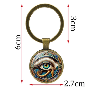 Antique bronze Eye of Horus keychain with glass dome pendant 6cm length and 2.7cm diameter