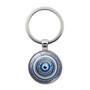 Vintage Evil Eye Keychain Zinc Alloy Glass Pendant Mediterranean Style Geometric Meander Pattern Key Ring For Bag Purse Jewelry
