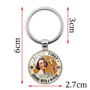 Retro nurse theme glass gem keychain with dimensions 6cm length and 3cm ring diameter